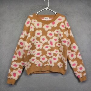 andMerci Sweater Women L Brown Textured Daisy Floral Vintage Inspired Fuzzy Knit